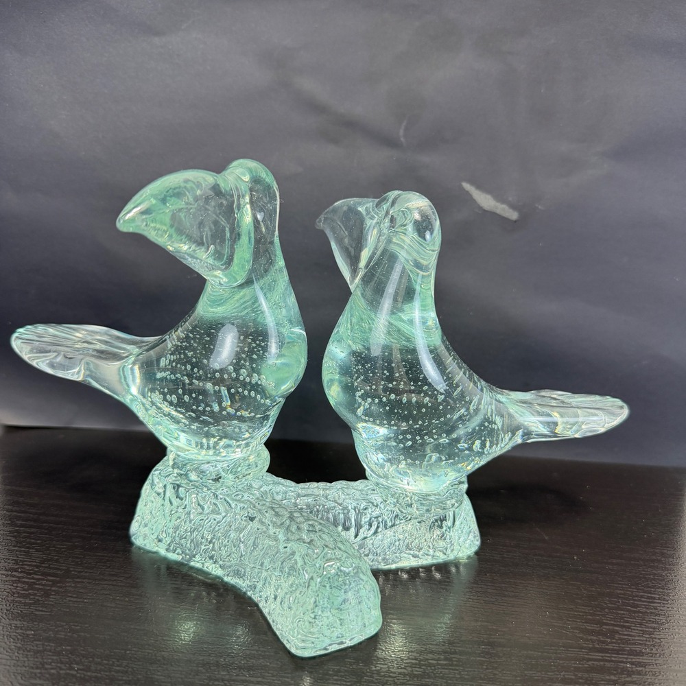 Vintage Art Glass Toucan Pair Figurine Seafoam Green Controlled Bubble Sculpture
